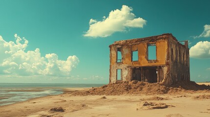 Coastal ruin decaying on sandy beach under sunny sky