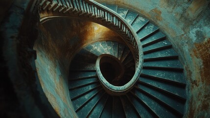 Abandoned spiral staircase, old building, dark interior, mystery, design