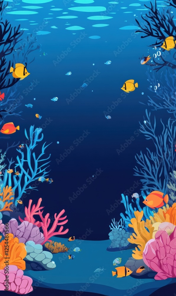 Poster vibrant coral reef teeming with tropical fish in a colorful underwater environment. generative ai