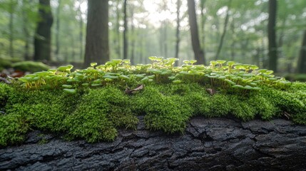 Lush green moss covering a fallen log in a serene forest with soft sunlight filtering through trees