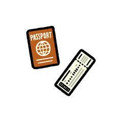手書き風のシンプルなパスポートと飛行機のチケットのイラスト