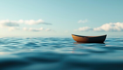 Fototapeta premium A serene image of a small wooden boat floating on calm waters under a clear blue sky, evoking tranquility and solitude.