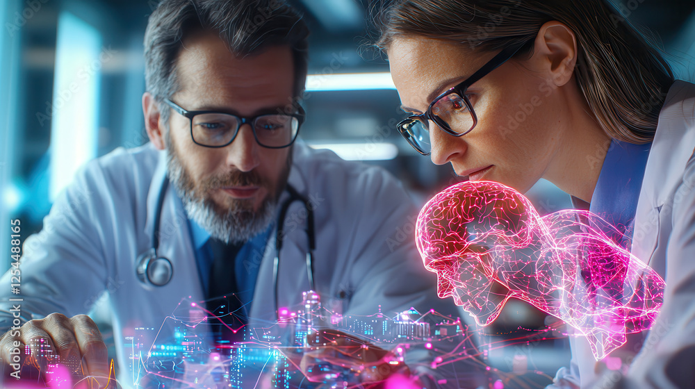 Poster medical researchers analyze ai generated data with focus on brain imagery, showcasing advanced techn