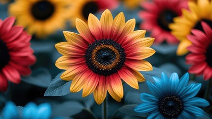 Vibrant sunflowers with striking colors in a lush garden, showcasing nature's beauty and tranquility