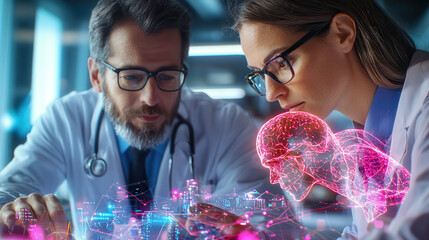 Medical researchers analyze AI generated data with focus on brain imagery, showcasing advanced technology in healthcare. Their expressions reflect curiosity and determination