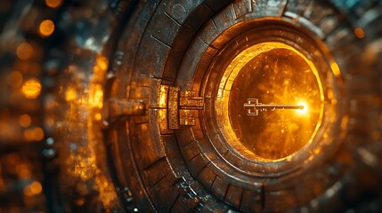 Obraz premium Close-up of vault door keyhole golden key inserted warm golden glow filling the frame