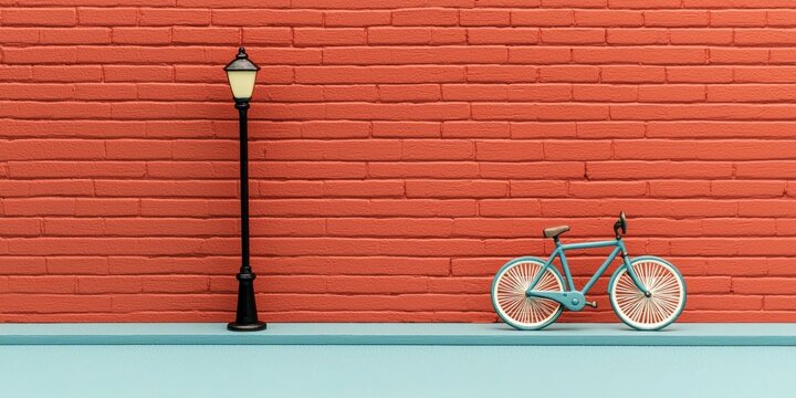 A vibrant orange wall serves as a backdrop for a stylish blue bicycle beside a classic street lamp, creating a charming urban scene. - Powered by Adobe