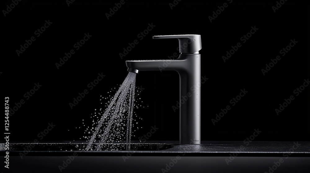 Poster sleek chrome faucet with water cascading elegantly, showcasing modern design and functionality. perf