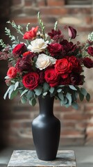 A vibrant bouquet of red and white roses in a sleek black vase against a rustic brick backdrop
