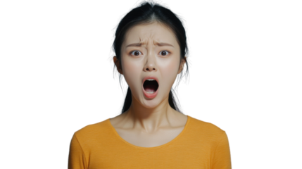 Shocked young woman opening her mouth on transparent background