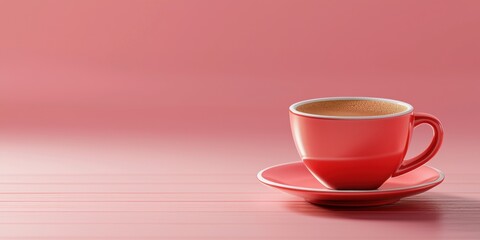 Fototapeta premium A vibrant coral cup sits on a matching saucer against a soft pink background, evoking a warm and inviting atmosphere.