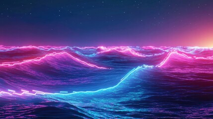 Neon Waves at Dusk with Vibrant Colors and Starry Sky