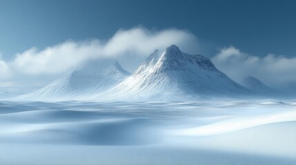 Majestic snow-covered mountains under a clear blue sky with soft clouds in the background