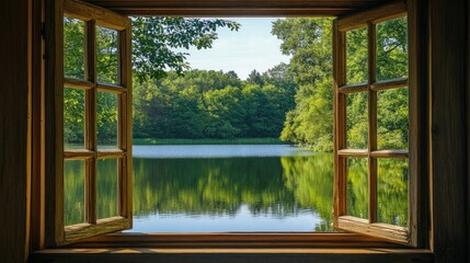 Fototapeta premium Serene View of Tranquil Lake Surrounded by Lush Greenery