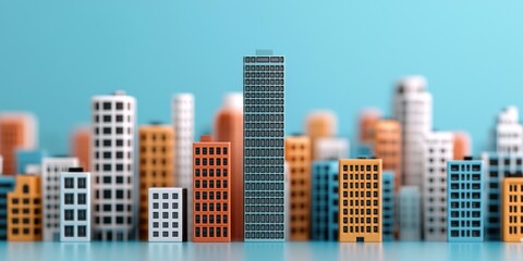 Fototapeta premium A vibrant miniature cityscape featuring a variety of colorful buildings with a prominent skyscraper in the center against a light blue background.