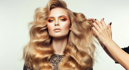 Fototapeta premium A woman with long blonde hair is getting her hair done by a stylist