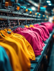 Fototapeta premium Colorful shirts hanging on a production line in a textile factory ready for packaging