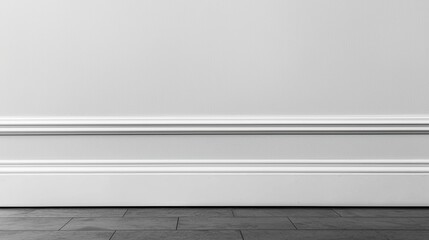 Minimalistic interior with white walls and elegant baseboard, showcasing modern design aesthetics