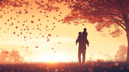 Obraz premium Flat Silhouette Illustration of a Father Carrying His Son on His Shoulders at Sunset