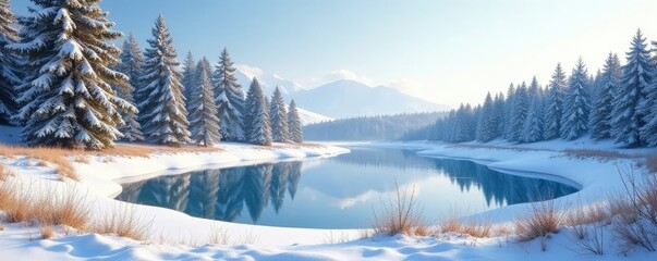Fototapeta premium A snowy meadow with a frozen pond and pine trees, winter, pine, meadow