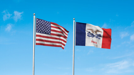 Iowa and American Flag together. High detailed waving flag of Iowa and USA. Iowa state flag. USA. 3D Illustration.