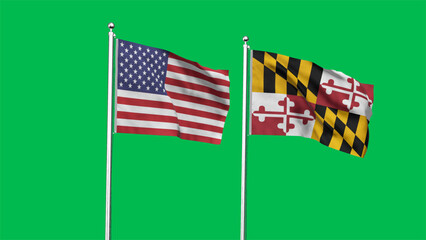Maryland and American Flag together. High detailed waving flag of Maryland and USA. Maryland state flag. USA. 3D Illustration.