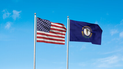 Kentucky and American Flag together. High detailed waving flag of Kentucky and USA. Kentucky state flag. USA. 3D Illustration.
