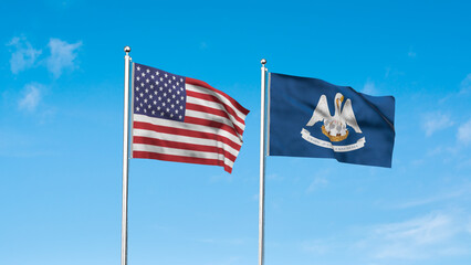 Louisiana and American Flag together. High detailed waving flag of Louisiana and USA. Louisiana state flag. USA. 3D Illustration.