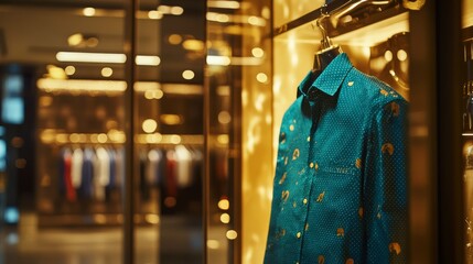 Fototapeta premium luxury retail scene, refined casual wear, teal dotted shirt detail, premium shopping experience, modern building entrance, golden interior glow, professional lifestyle photography, minimalist