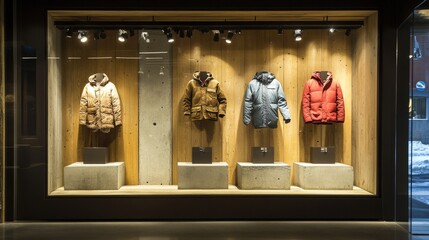 upscale boutique storefront, contemporary window display, fashion presentation layout, winter outerwear collection, concrete display pedestals, wooden accent panels, spotlights, reflective flooring,