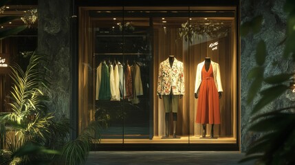 luxury store window design, mixed gender fashion display, high-end retail space, modern clothing presentation, warm ambient lighting, structured display frames, vertical wood panels, elegant store