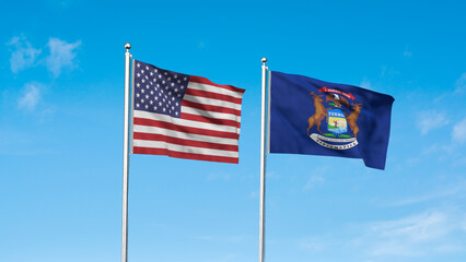 Michigan and American Flag together. High detailed waving flag of Michigan and USA. Michigan state flag. USA. 3D Illustration.