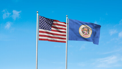 Minnesota and American Flag together. High detailed waving flag of Minnesota and USA. Minnesota state flag. USA. 3D Illustration.