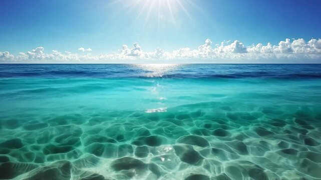 Ocean's Clarity: A mesmerizing split-level view of a crystal-clear ocean, revealing both the sunlit surface and the vibrant underwater world teeming with sunlight and rocks. 