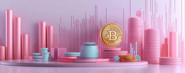A vibrant digital representation of cryptocurrency, featuring Bitcoin amidst colorful stacks and graphs, symbolizing financial growth and investment trends.