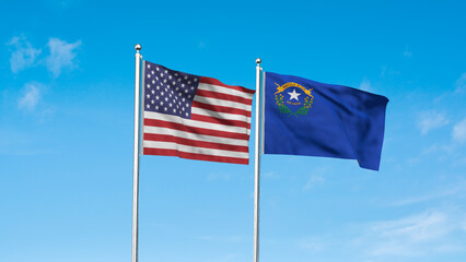 Nevada and American Flag together. High detailed waving flag of Nevada and USA. Nevada state flag. USA. 3D Illustration.