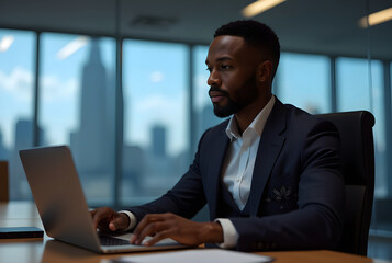 Global Business Strategist Leading Innovation: a dynamic scene of a high-powered business leader driving global innovation, an African American man in his early 40s with deep dark skin and neatly trim
