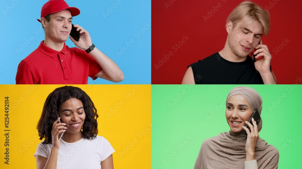 Poster four young adults are engaged in lively phone conversations, framed in distinct vibrant backgrounds.