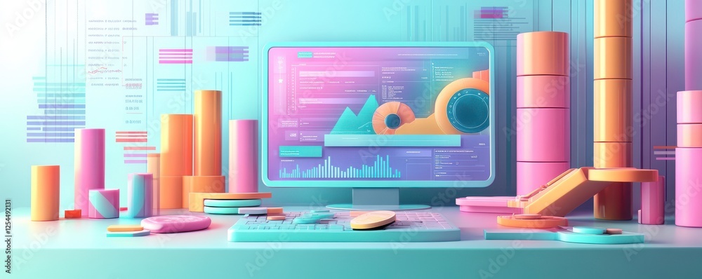 Poster a vibrant digital workspace featuring colorful data visualizations, graphs, and charts on a computer