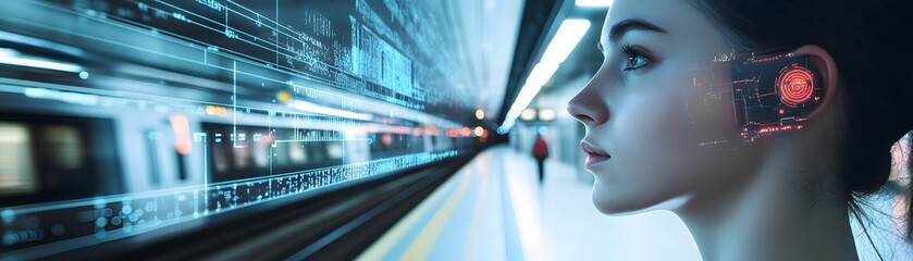Fototapeta premium A futuristic scene at a railway station featuring a young woman with a digital interface on her ear, illustrating the integration of technology and daily commuting.