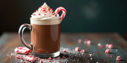 Clear glass container filled with hot chocolate and garnished with whipped cream, crushed candy canes, and a few festive sprinkles on top, glassware, bright