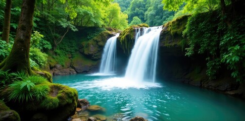 Naklejka premium Clear turquoise waters tumble over mossy rocks, green world, tropical rainforest waterfall