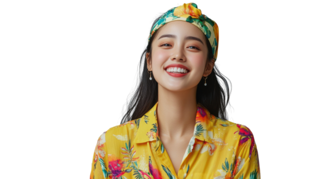 Smiling young asian woman wearing yellow floral shirt and headband on transparent background - Powered by Adobe