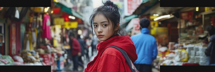 Obraz premium Asian woman red jacket market street portrait