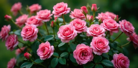 Fototapeta premium Densely packed pink roses on a compact bush with lush foliage, bush, dense