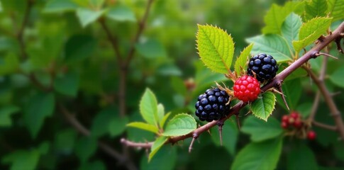 dense thorny bush with green and ripe wild blackberry berries, blackberry, summer, thorns