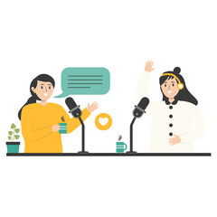 Podcast Day Illustration. People Listening and Recording. Vector Cartoon Character.