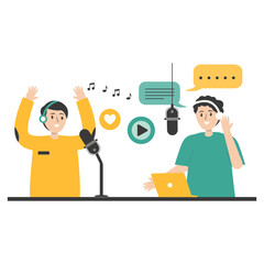 Podcast Day Illustration. People Listening and Recording. Vector Cartoon Character.