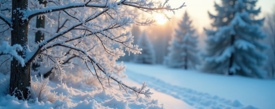 Descriptive frost layer on winter trees branches, frosty, tree