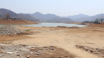 Drought-stricken reservoir, rural landscape, low water levels, mountains background, environmental impact